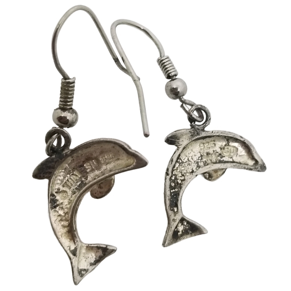 VINTAGE STERLING SILVER DOLPHIN DROP HOOK EARRINGS - Picture 3 of 4